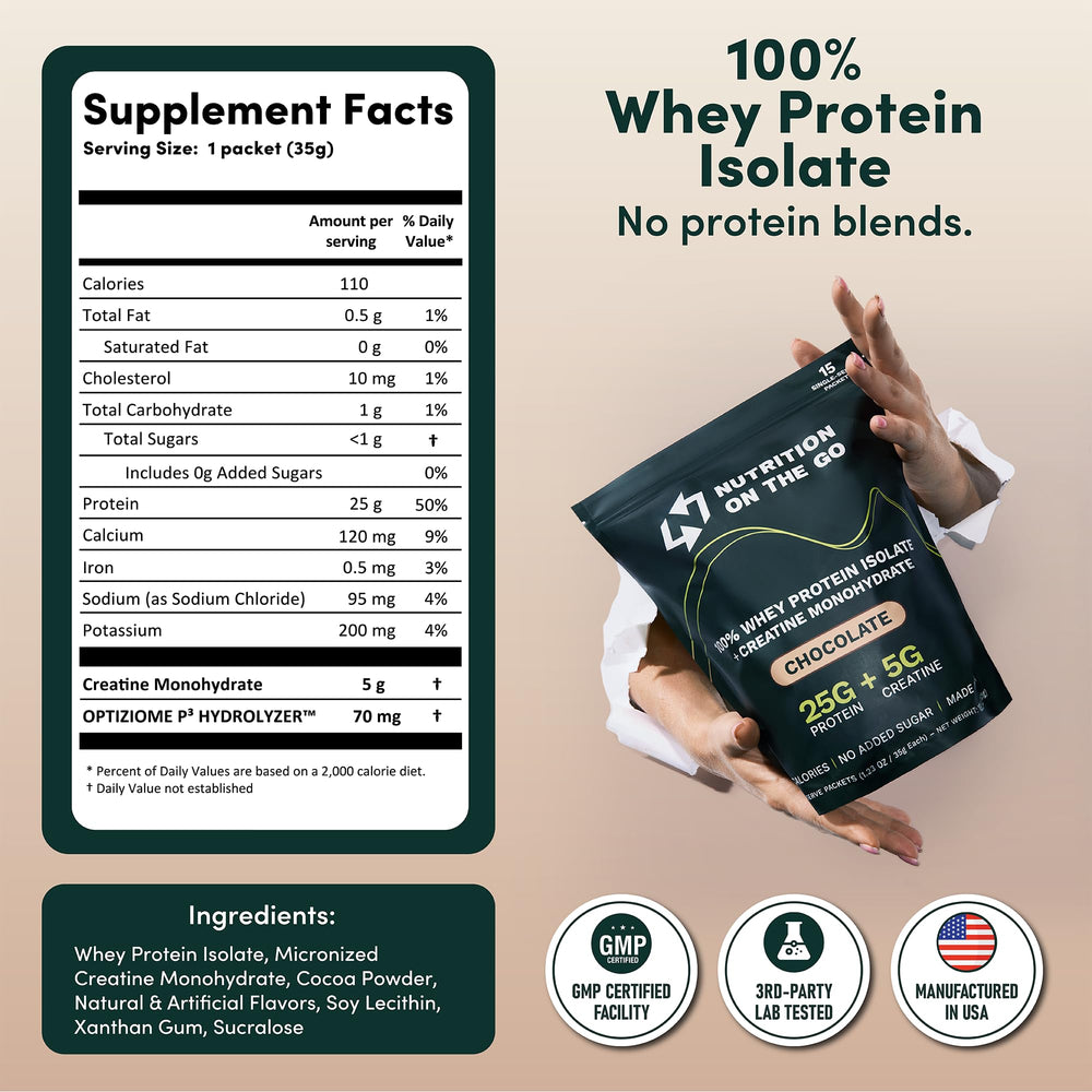 Nutrition On The Go whey packets chocolate in a travel bag ready for workouts.