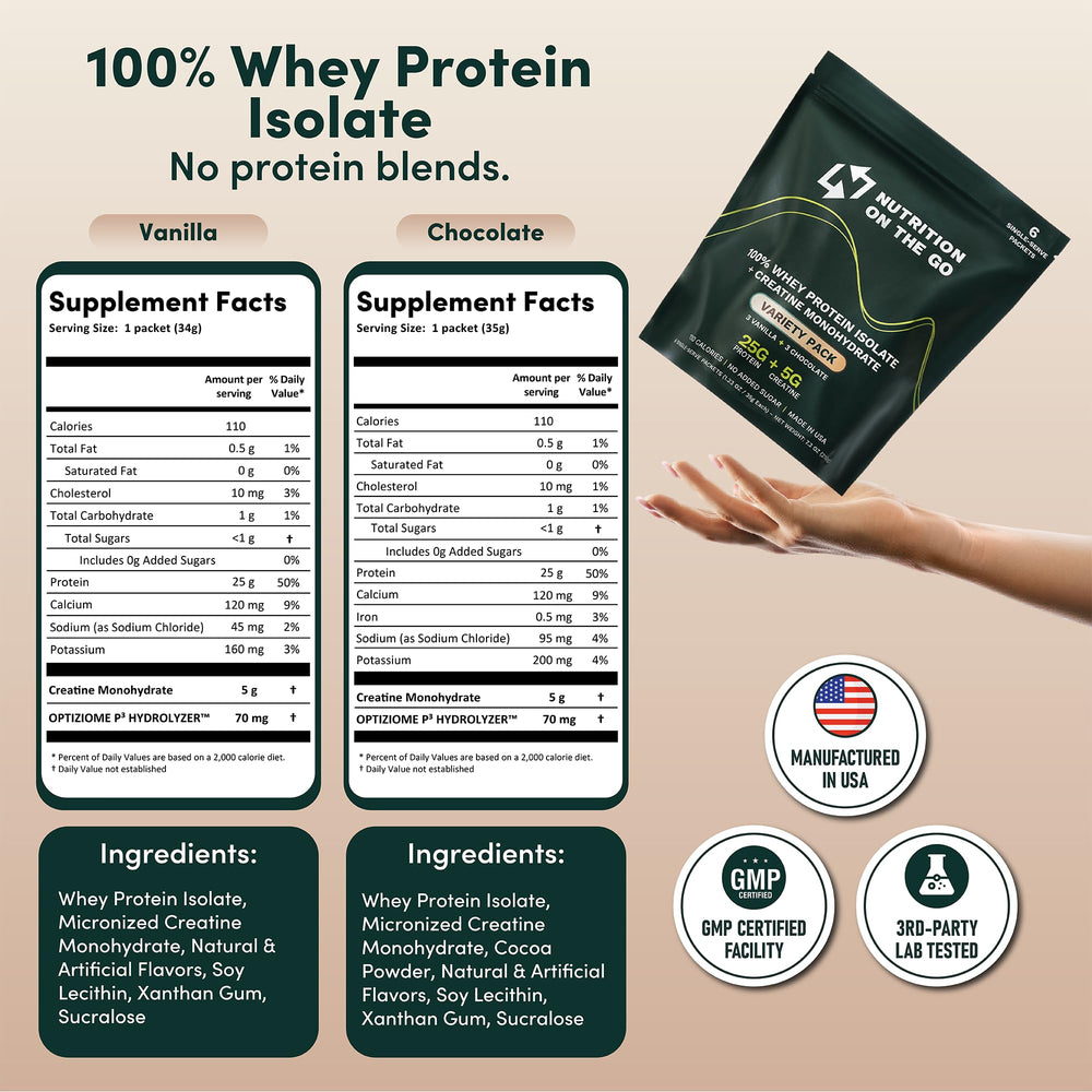 Nutrition On The Go shake-ready packets showcase vanilla and chocolate flavors.