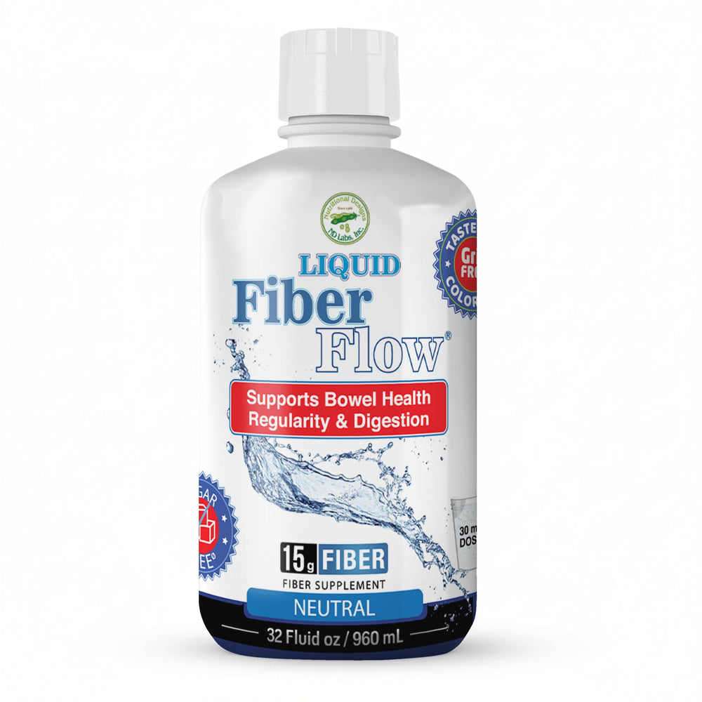 Nutritional Designs Liquid Fiber Flow bottle shows clear, flavorless solution for gentle daily digestion