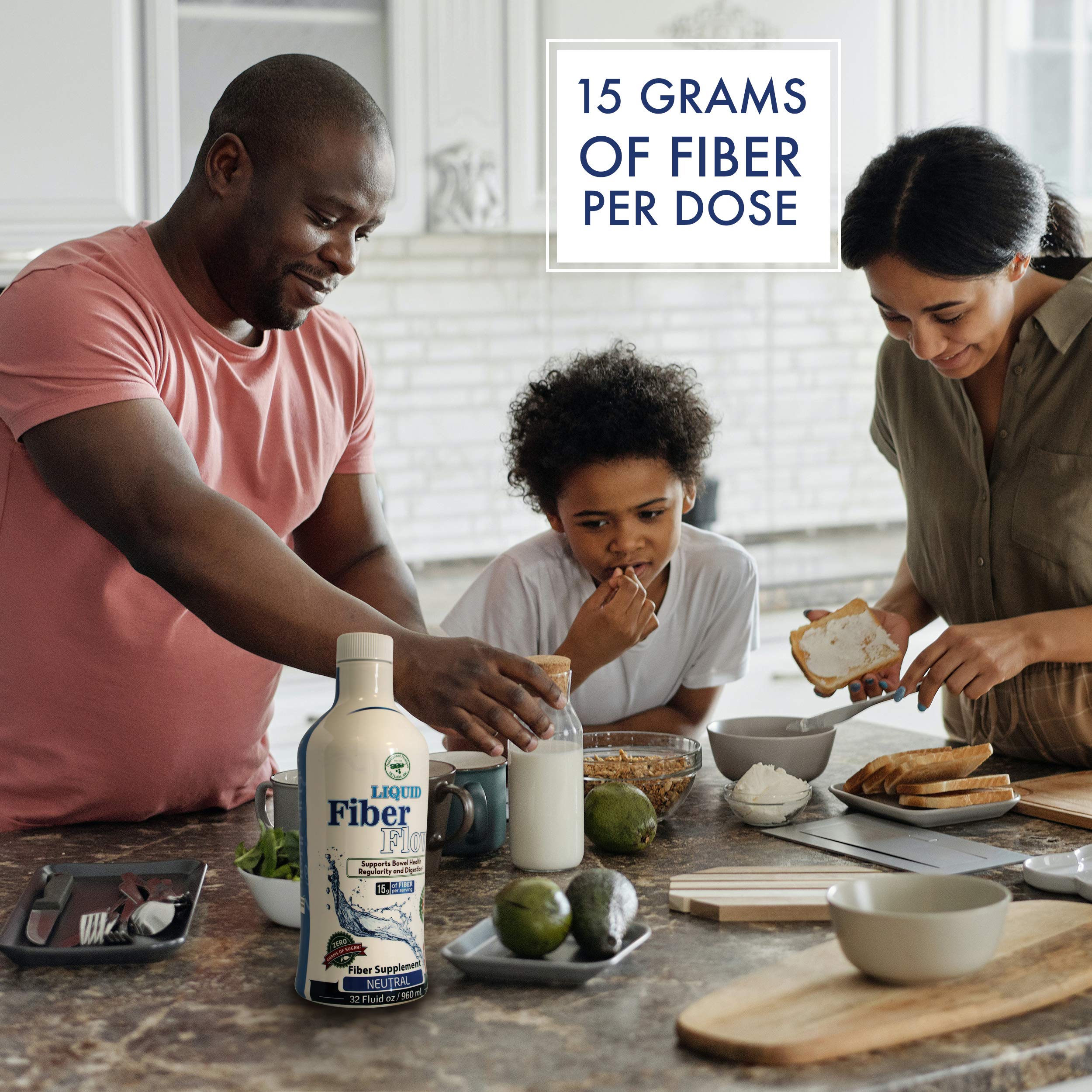 Nutritional Designs Liquid Fiber Flow dispense shows simple, spill-free serving for regularity on the go