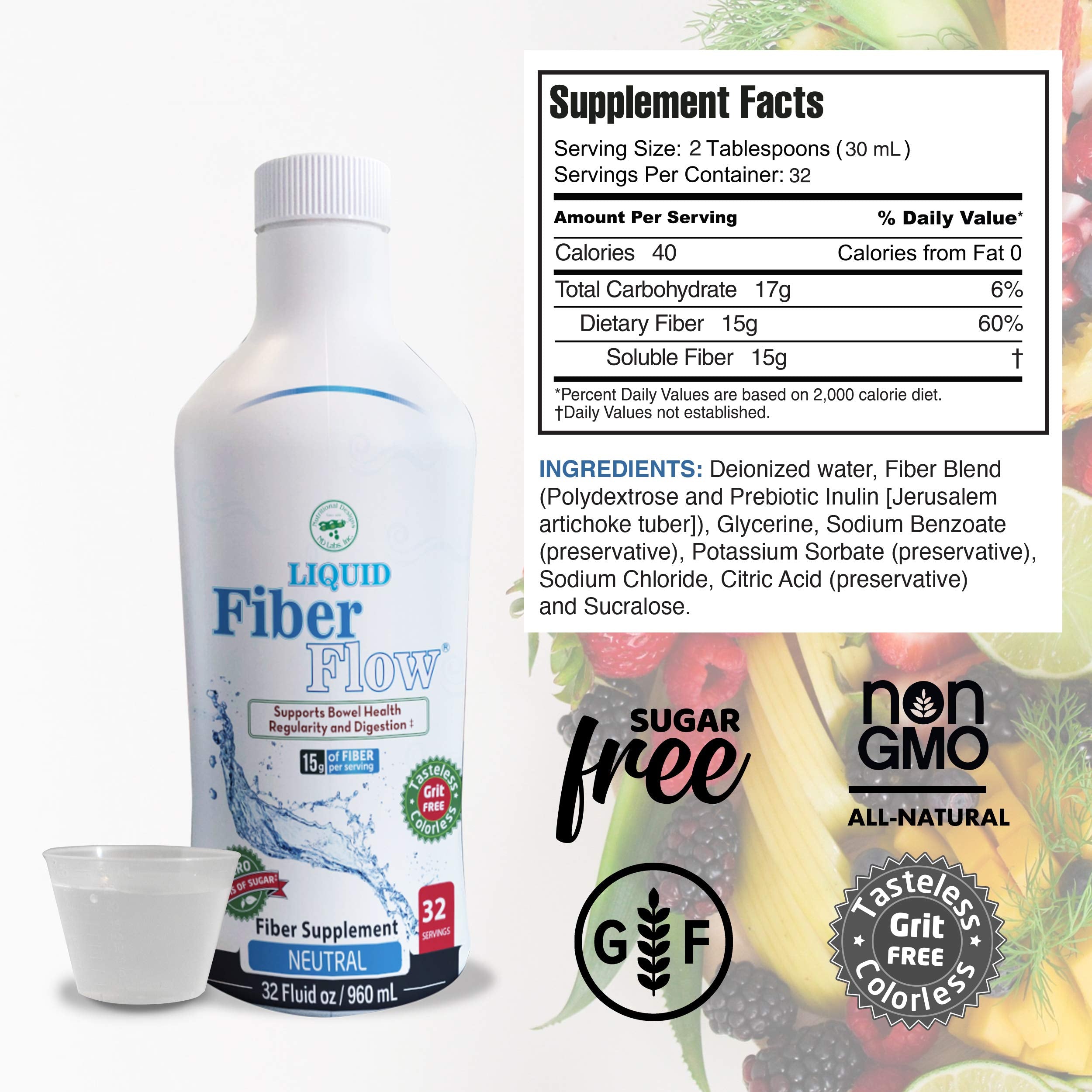 Nutritional Designs Liquid Fiber Flow label highlights sugar-free, convenient daily fiber