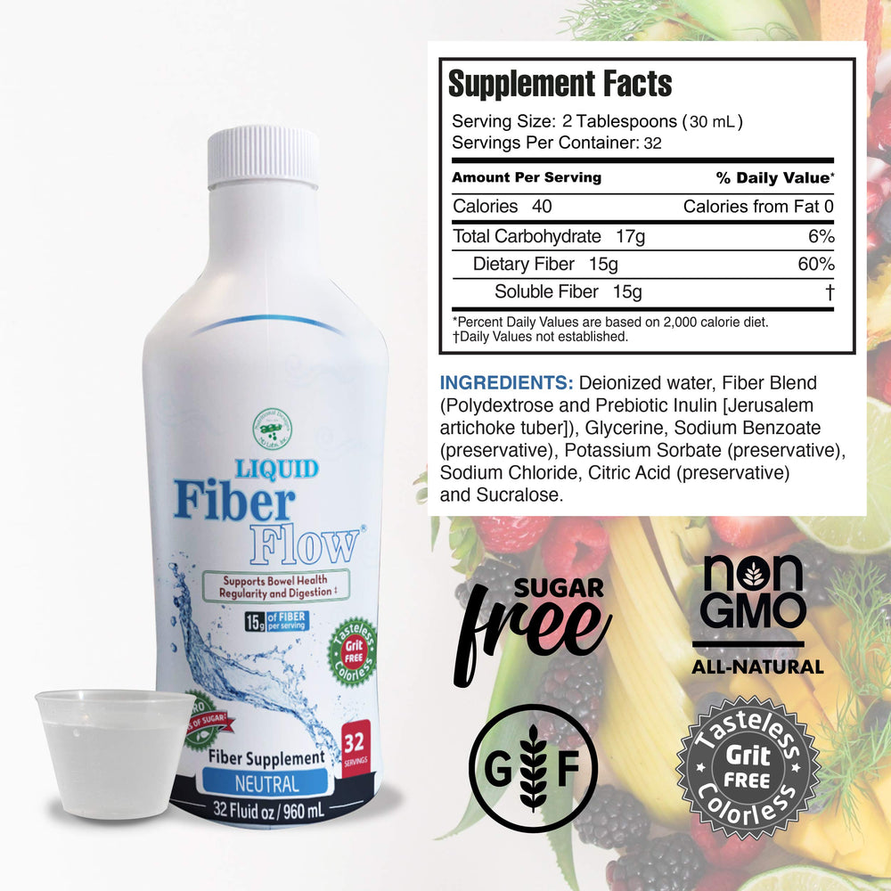 Nutritional Designs Liquid Fiber Flow label highlights sugar-free, convenient daily fiber