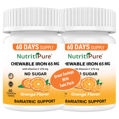 NutritiPure chewable iron 65 mg orange tablets in a bottle for easy daily support