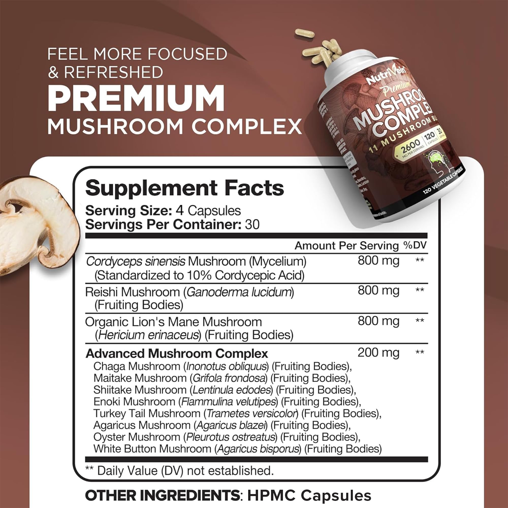 Nutrivein 11-mushroom complex capsules for adaptogenic support during busy days