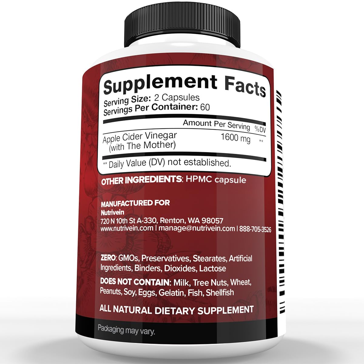 Nutrivein ACV with Mother capsules close-up highlighting tasteless, easy-to-swallow design