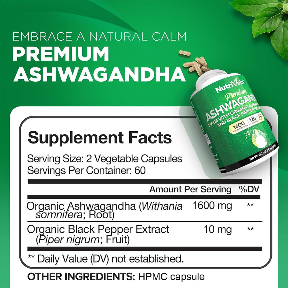Nutrivein Ashwagandha capsules closeup highlighting vegan high absorption formula.