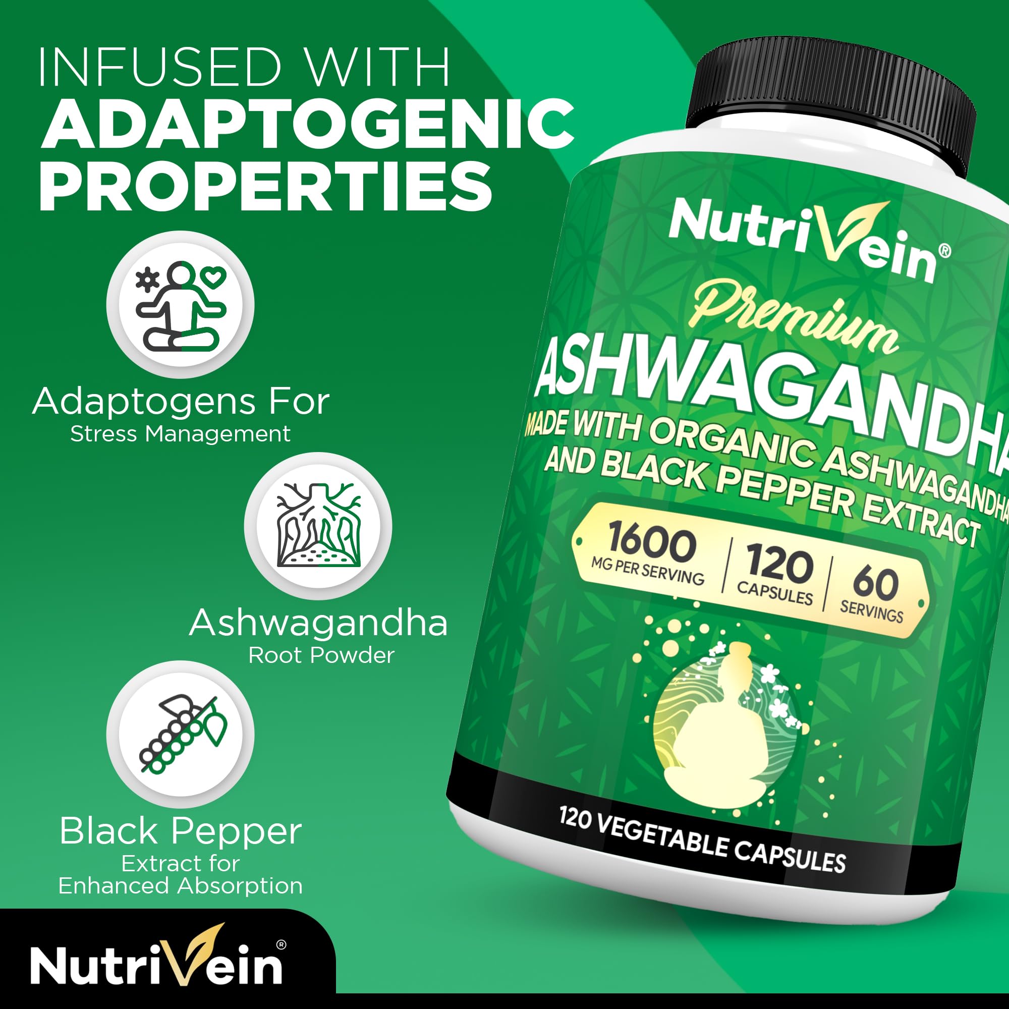 Nutrivein Ashwagandha label shows clean vegan ingredients.