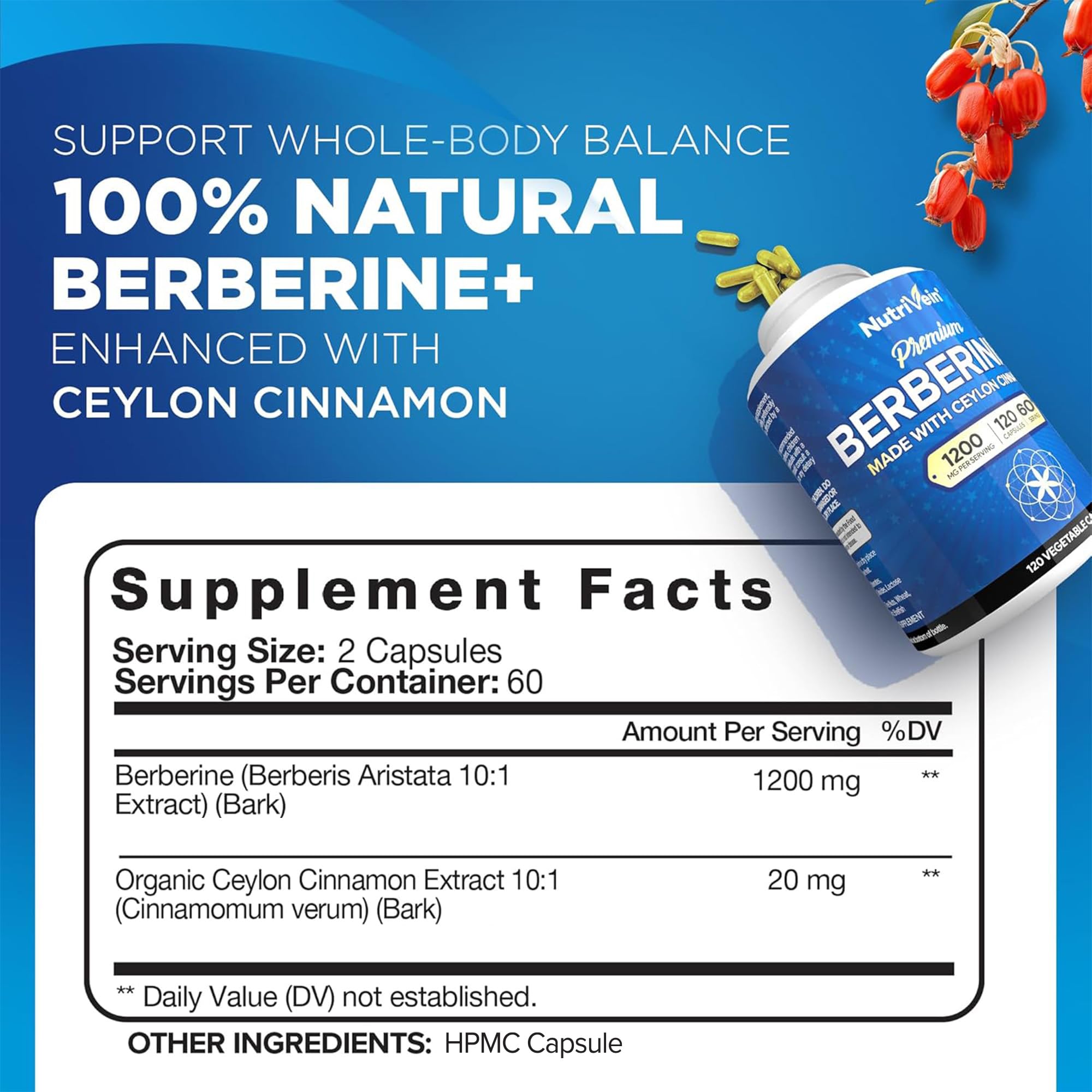 Nutrivein Berberine HCL 1200 mg capsules ready for daily use.
