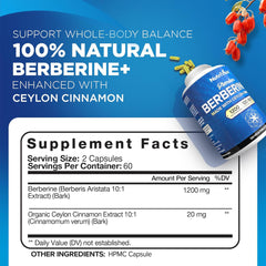 Nutrivein Berberine HCL 1200 mg capsules ready for daily use.