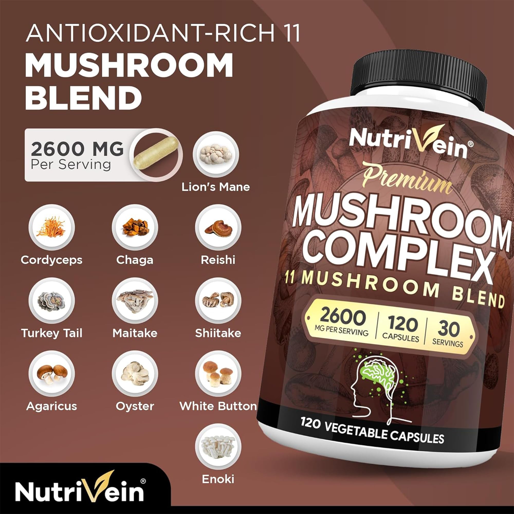 Nutrivein blend featuring Lion’s Mane, Cordyceps, Reishi and other mushrooms