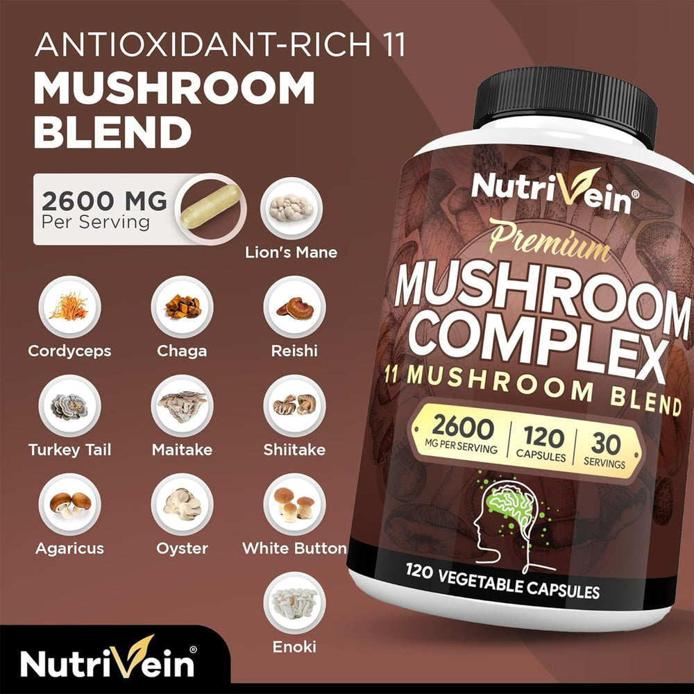 Nutrivein blend featuring Lion’s Mane, Cordyceps, Reishi and other mushrooms
