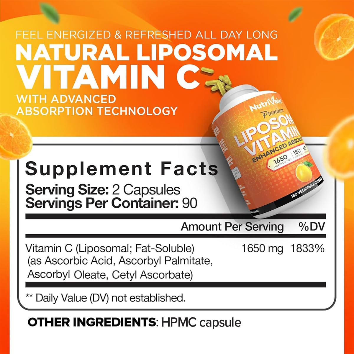 Nutrivein liposomal vitamin C label highlights vegan, gluten-free and dairy-free attributes.