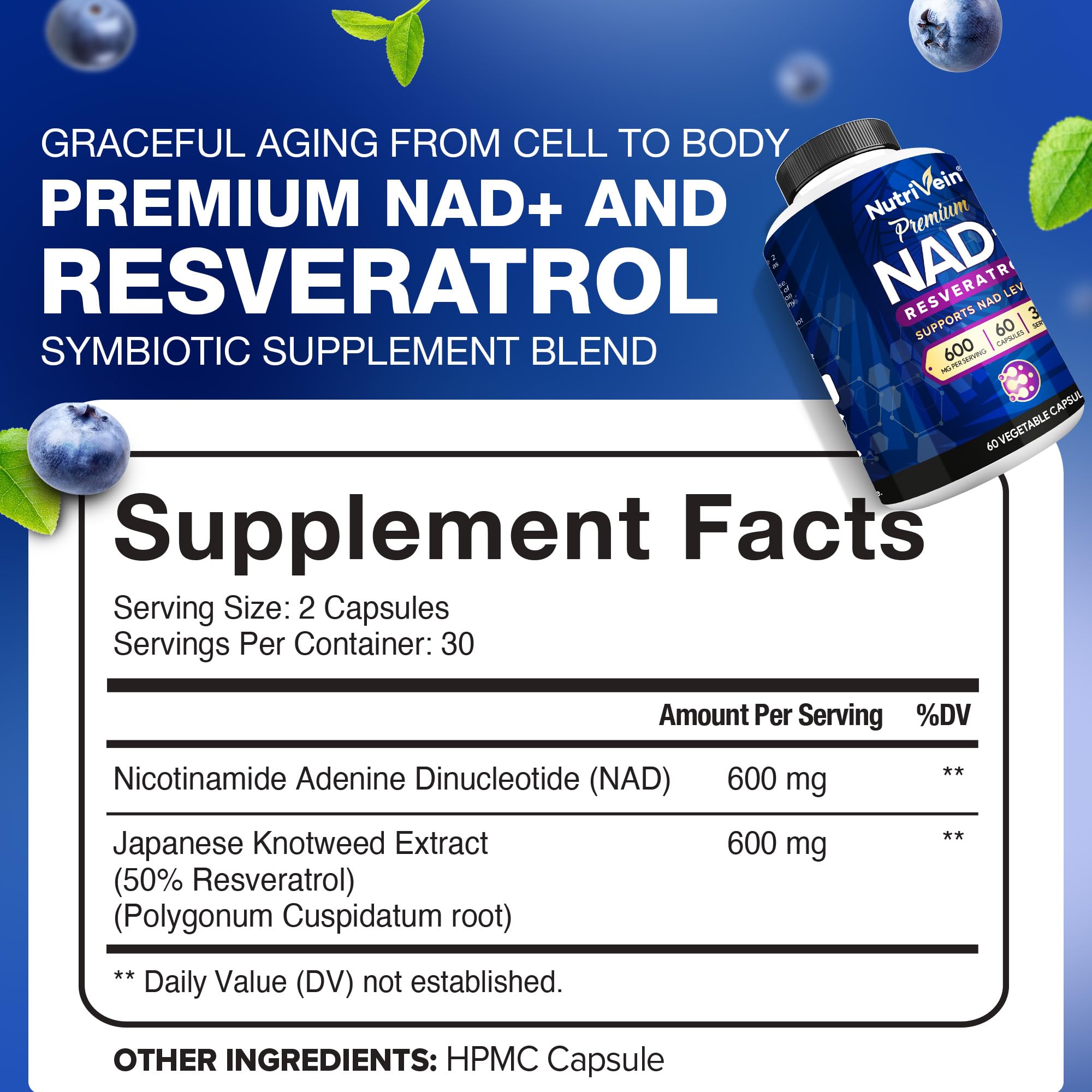 Nutrivein NAD+ Resveratrol capsules close-up for easy daily supplementation