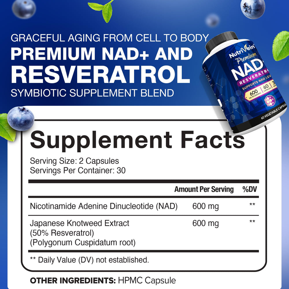 Nutrivein NAD+ Resveratrol capsules close-up for easy daily supplementation