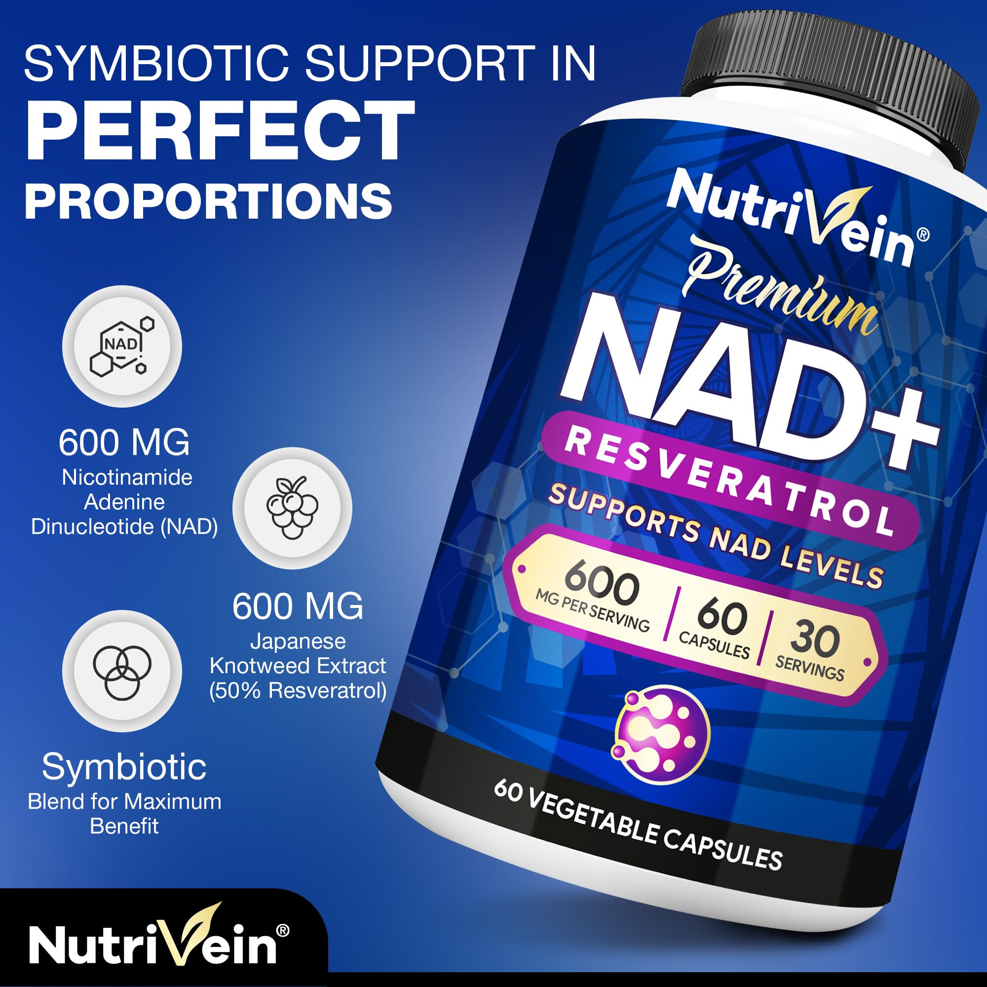 Nutrivein NAD+ Resveratrol label shows clean vegan ingredients