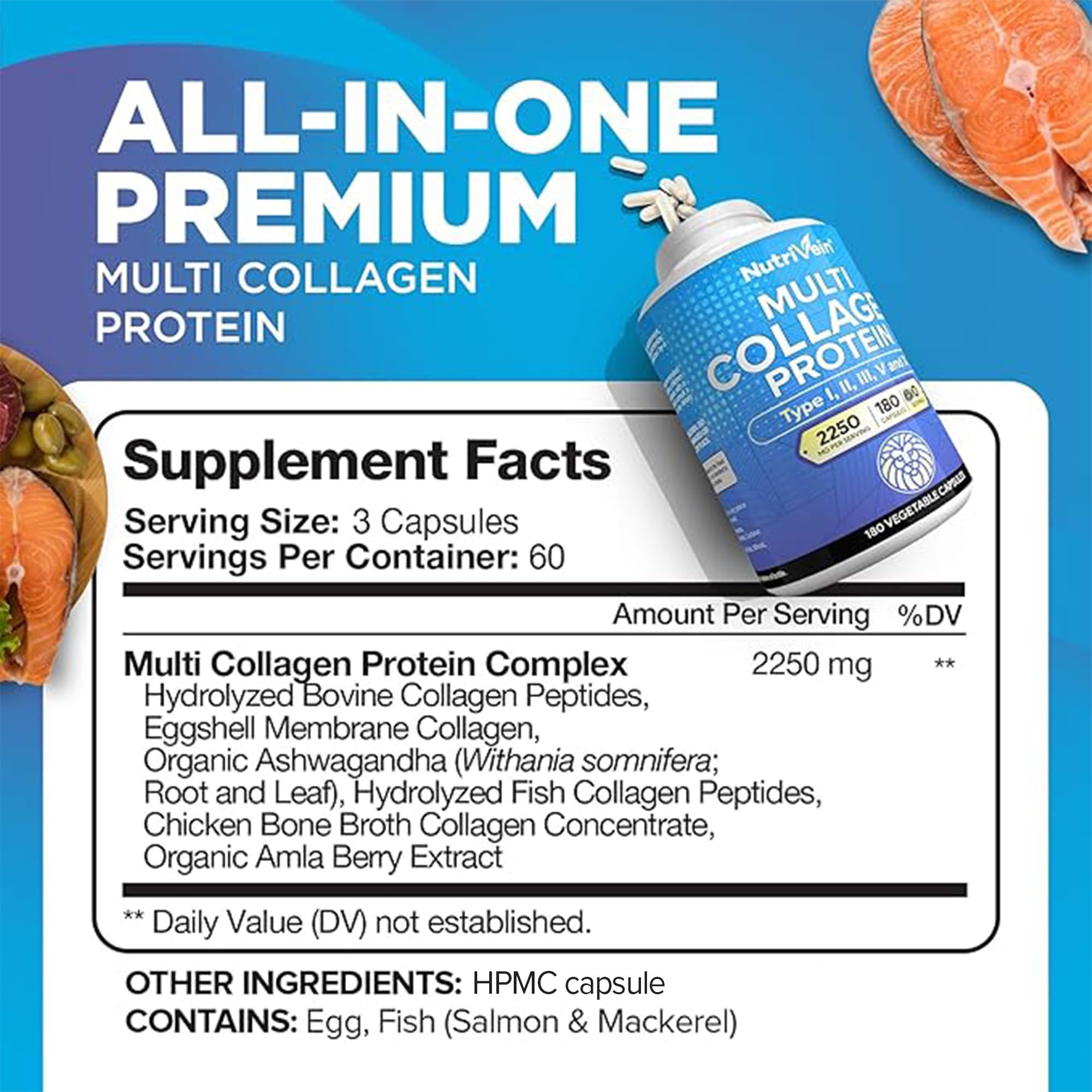 Nutrivein Premium Multi Collagen pills capsules closeup highlighting hydrolyzed peptides for joints