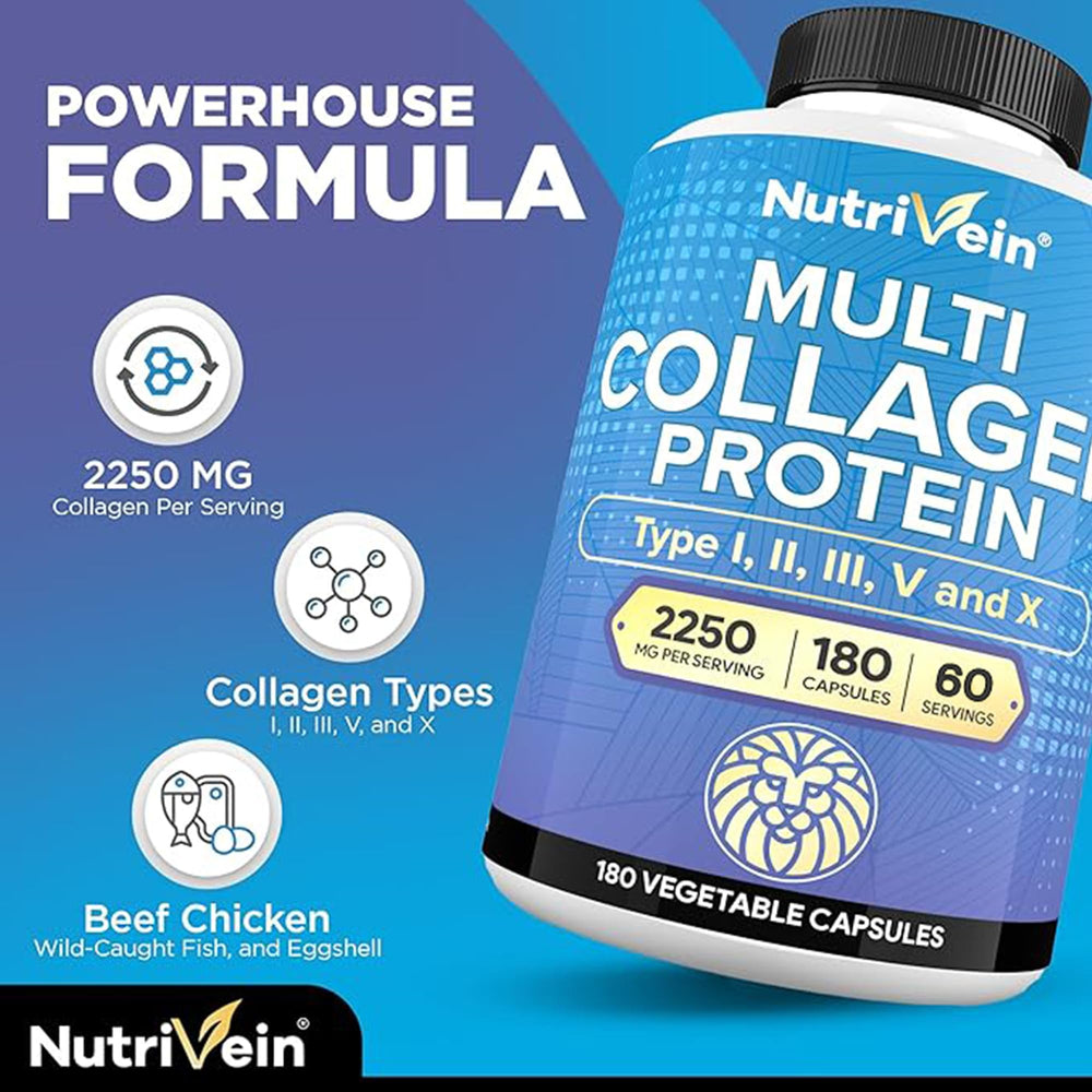 Nutrivein Premium Multi Collagen pills daily dose image emphasizing easy-to-swallow capsules