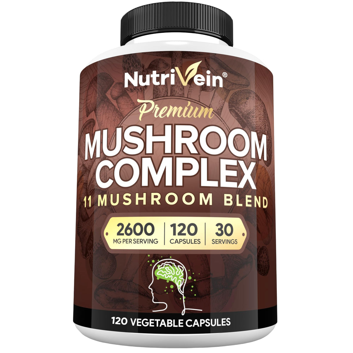 Nutrivein premium mushroom supplement bottle showing 2600 mg blend for daily wellness
