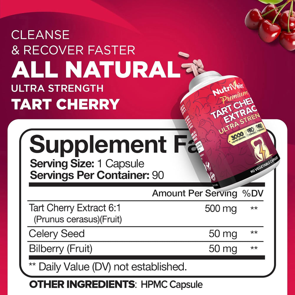 Nutrivein Premium Tart Cherry Capsules label closeup showing vegan formula.
