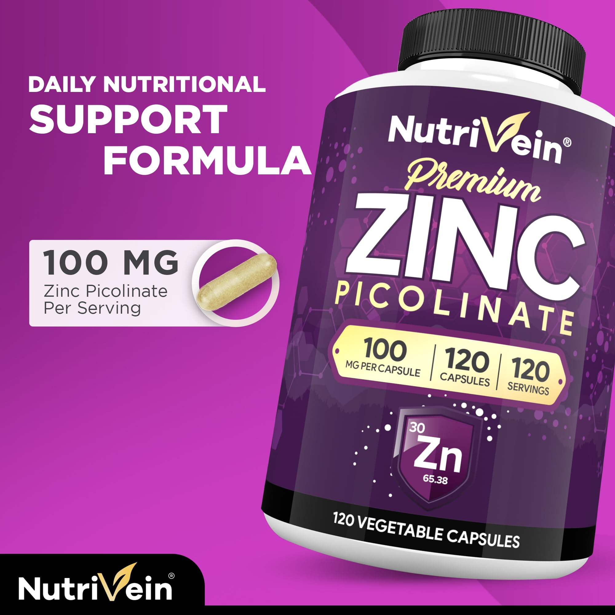 Nutrivein zinc picolinate bottle label for transparent ingredients