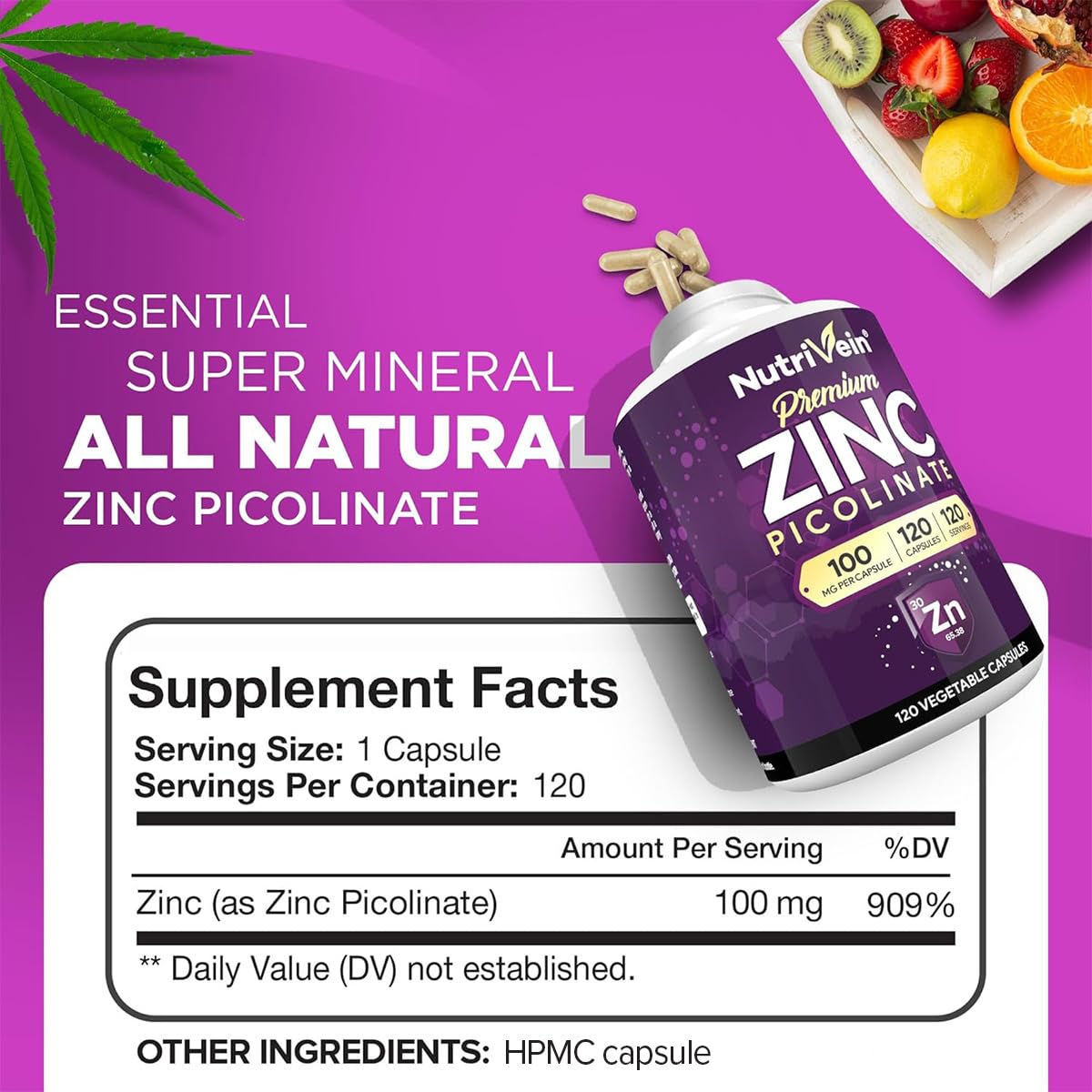 Nutrivein zinc picolinate capsules closeup shows compact, easy-swallow pills
