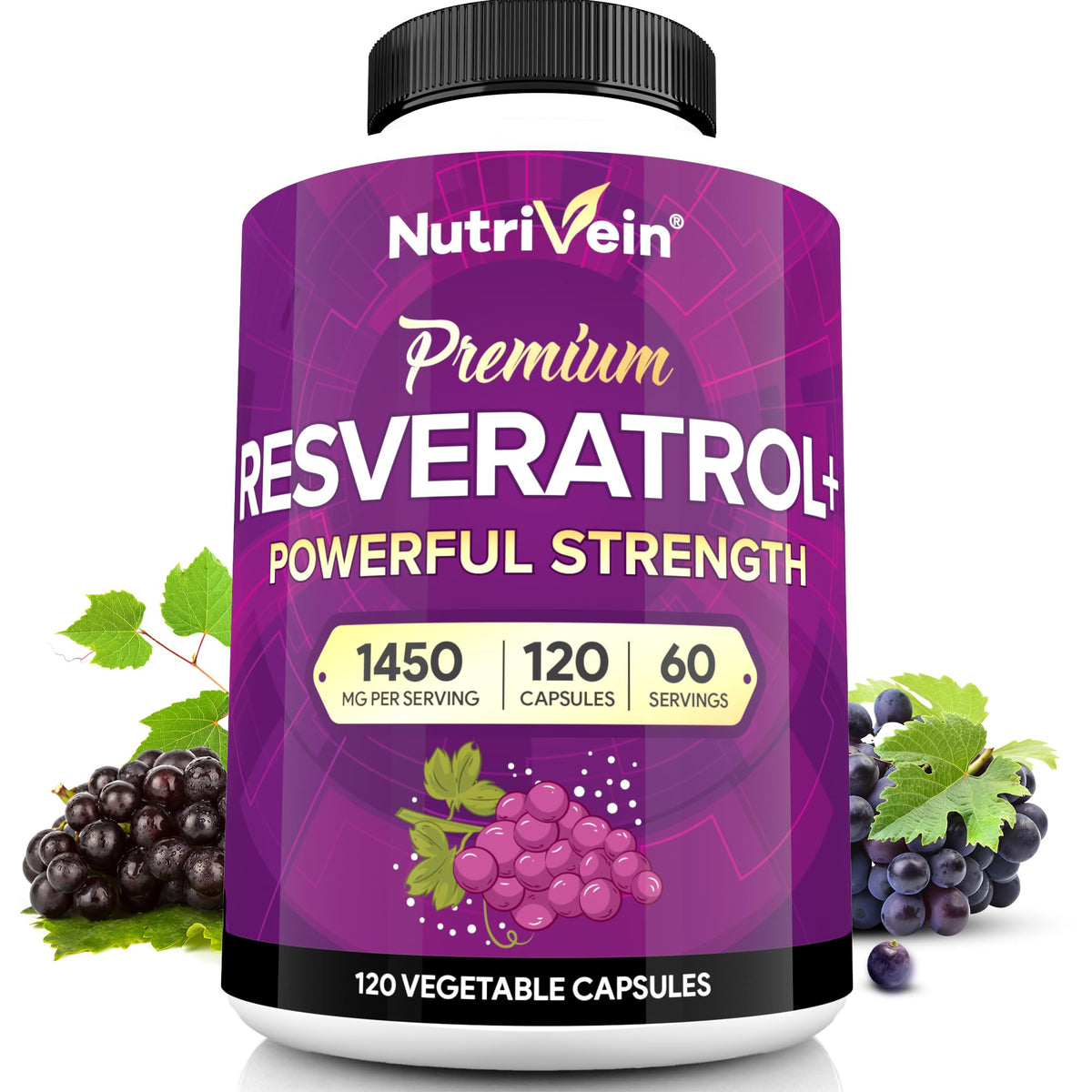 Nutrivein Resveratrol 1450mg bottle shown for daily vitality support