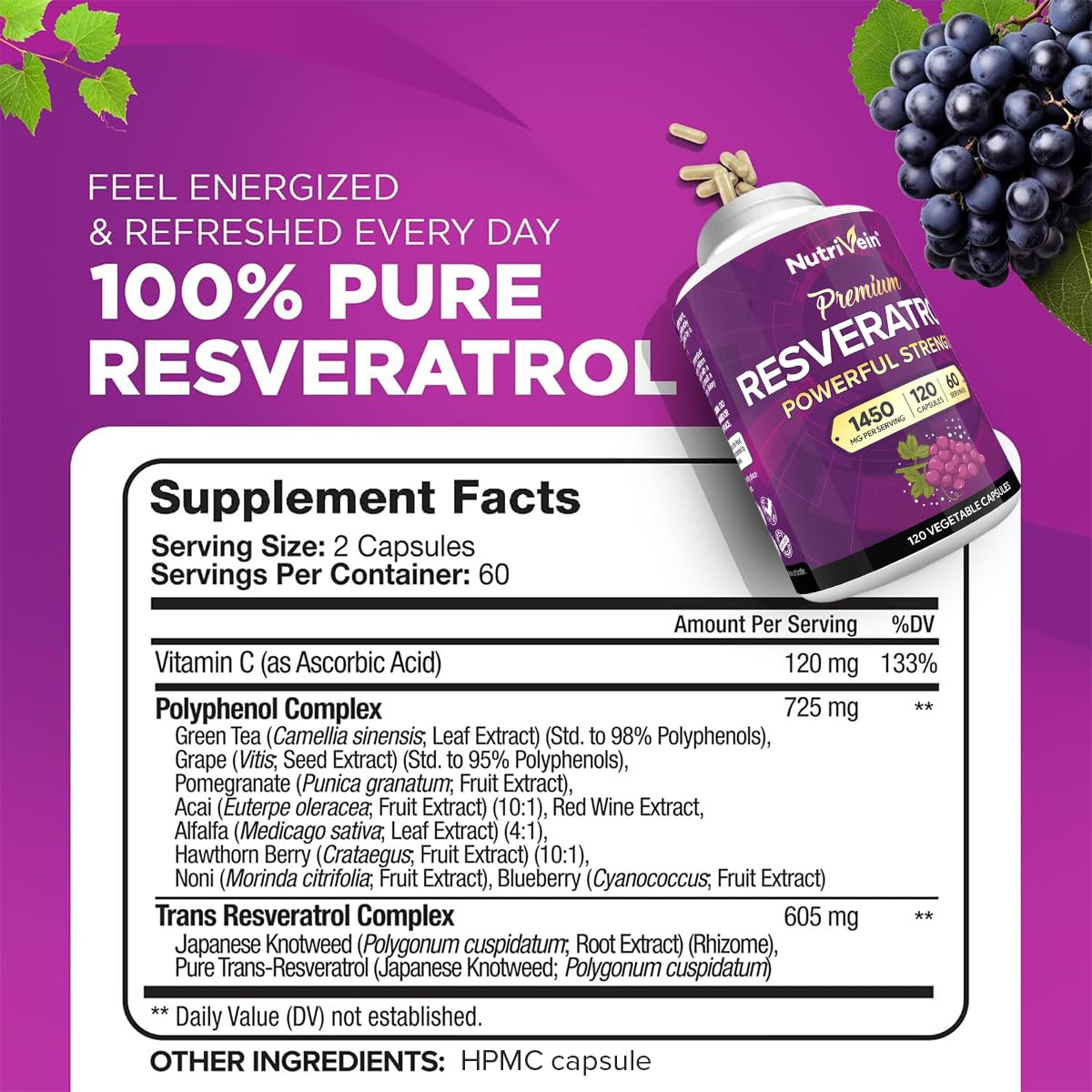 Nutrivein trans-resveratrol capsules close-up highlighting easy-to-swallow format