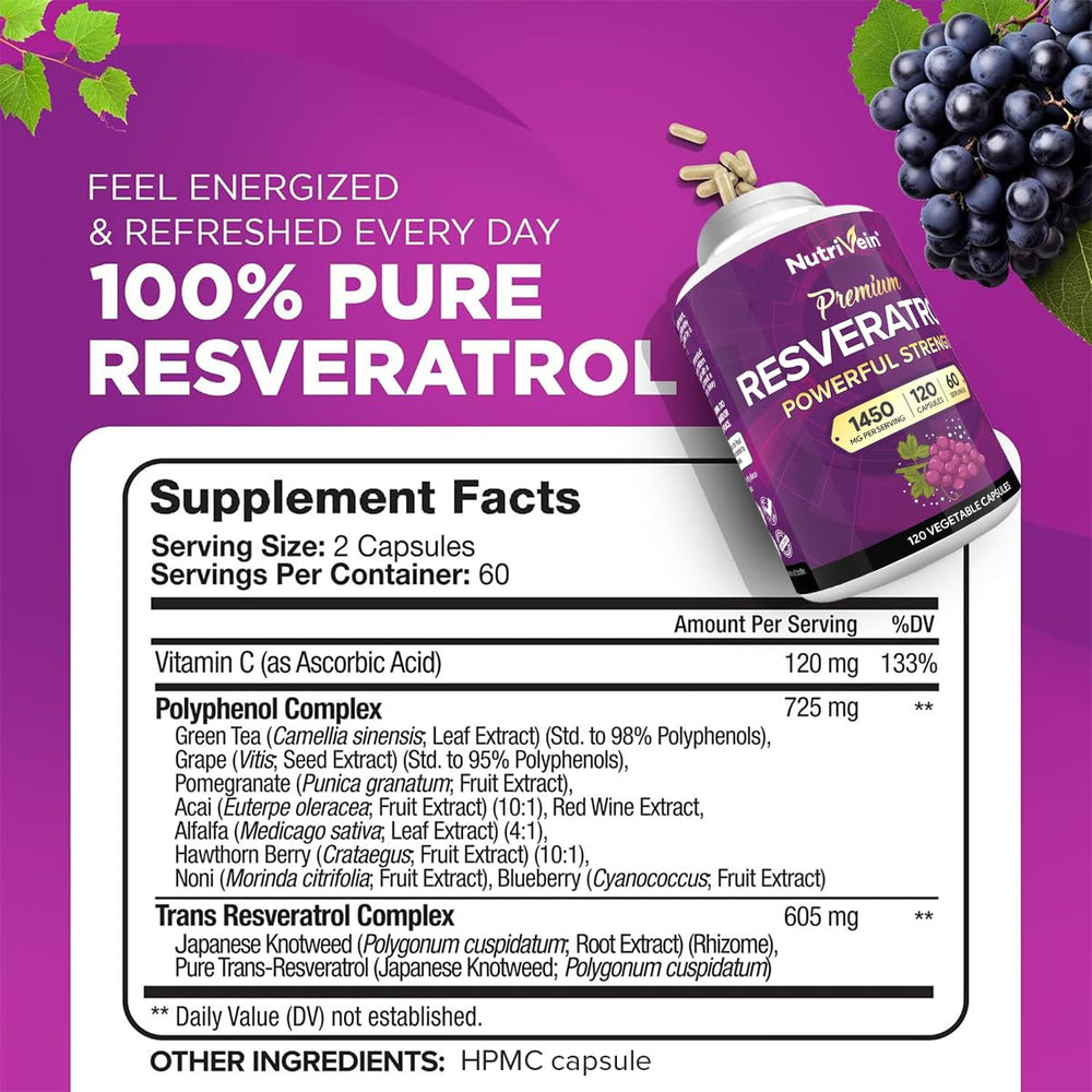 Nutrivein trans-resveratrol capsules close-up highlighting easy-to-swallow format