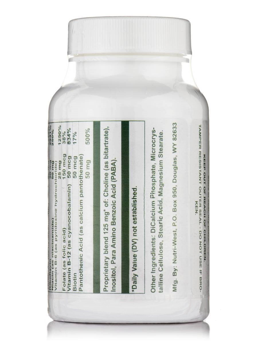 NutriWest B-Complex tablets close-up label highlighting hypoallergenic formula