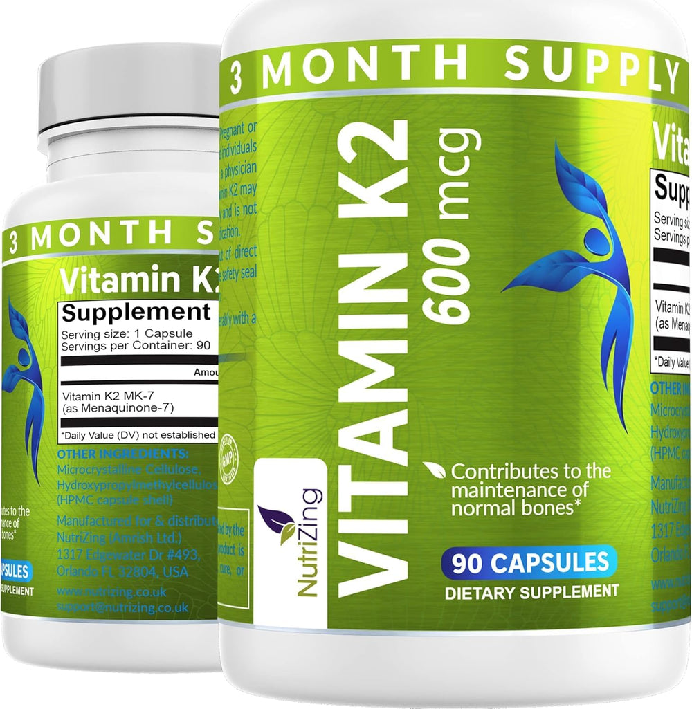 NutriZing K2 MK-7 600mcg bottle cap close-up for daily wellness support.