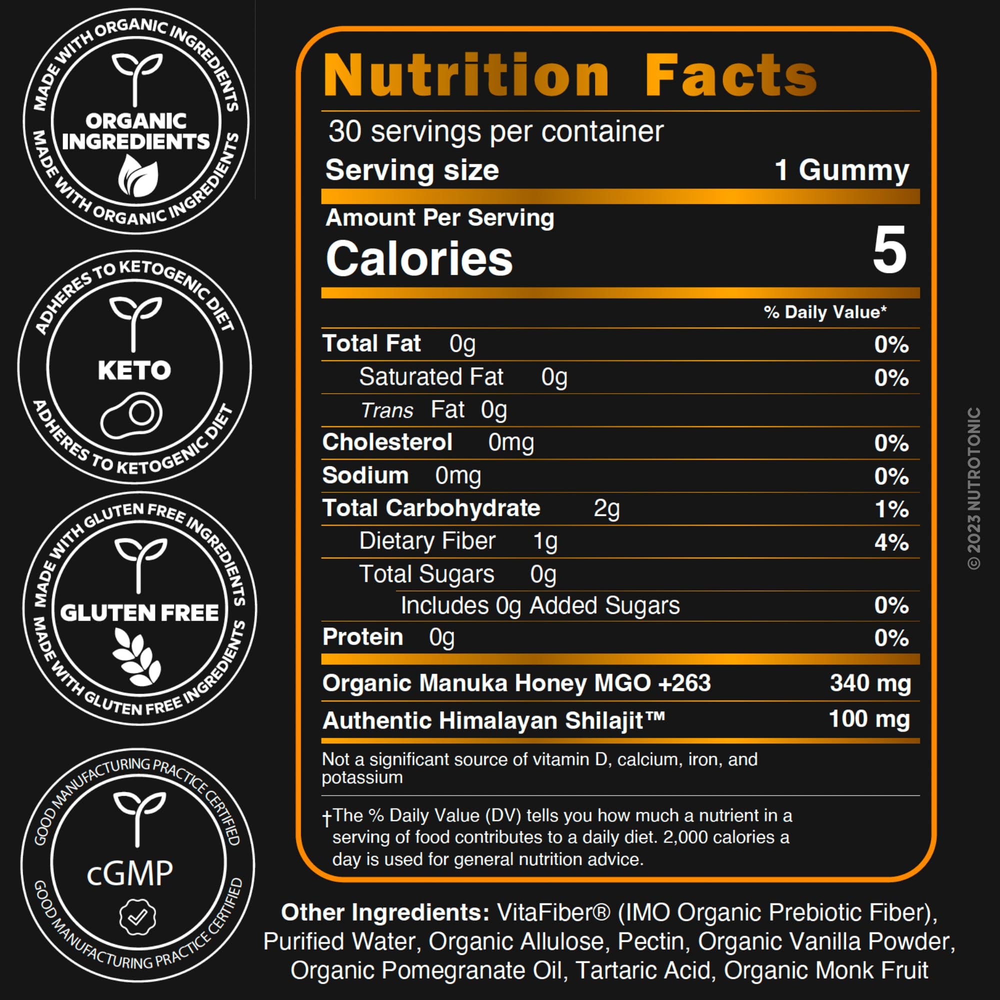 NutroTonic gummies close-up highlights vanilla-pomegranate flavor appeal.