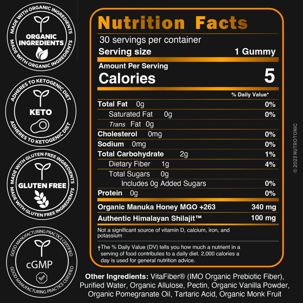 NutroTonic gummies close-up highlights vanilla-pomegranate flavor appeal.