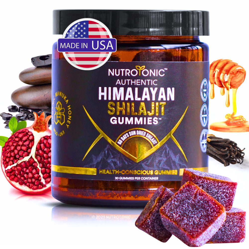 NutroTonic packaging label shows Himalayan Shilajit Gummies for easy daily use.