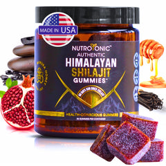 NutroTonic packaging label shows Himalayan Shilajit Gummies for easy daily use.