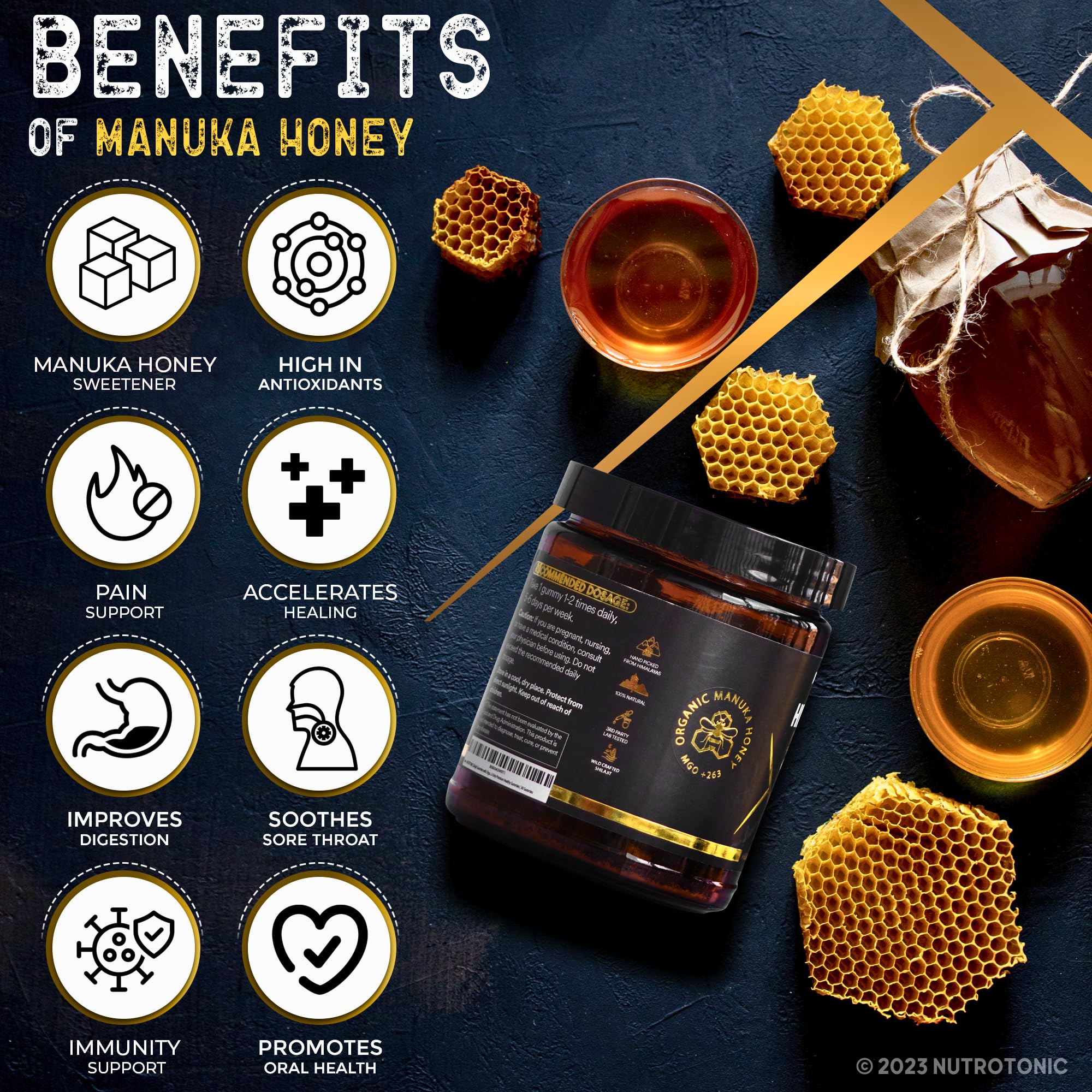 NutroTonic wild-crafted Manuka honey image signals premium sweetener.
