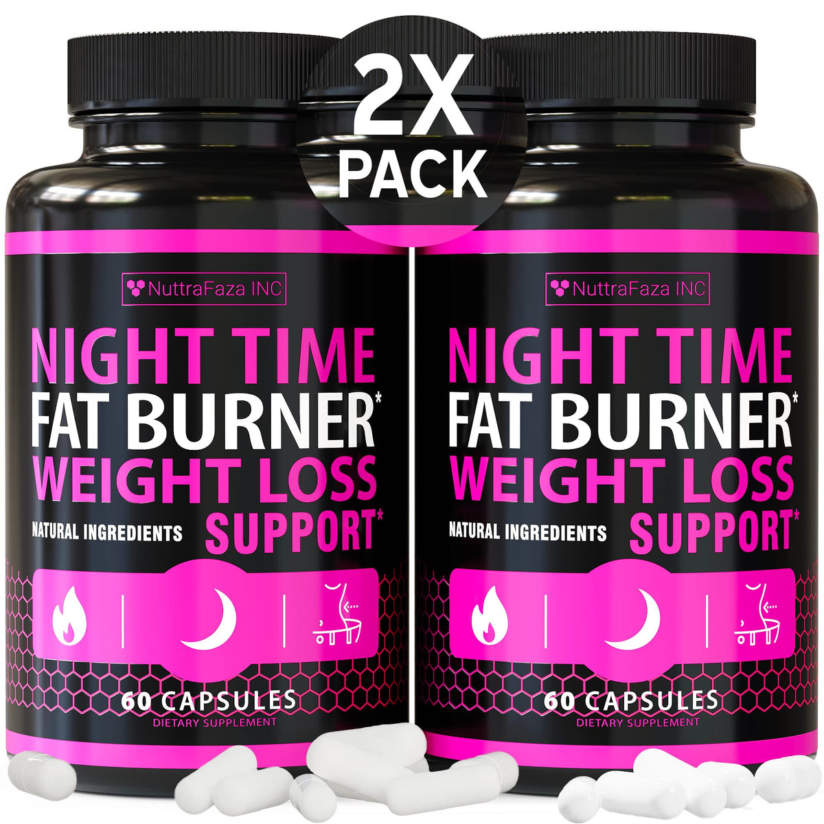 NuttraFaza INC night time weight loss pills twin bottle showcases nighttime appetite control