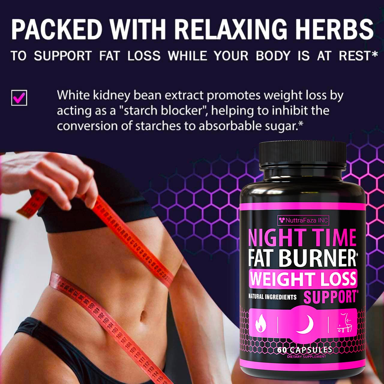 NuttraFaza INC night time weight loss pills capsules closeup showing swallowable texture