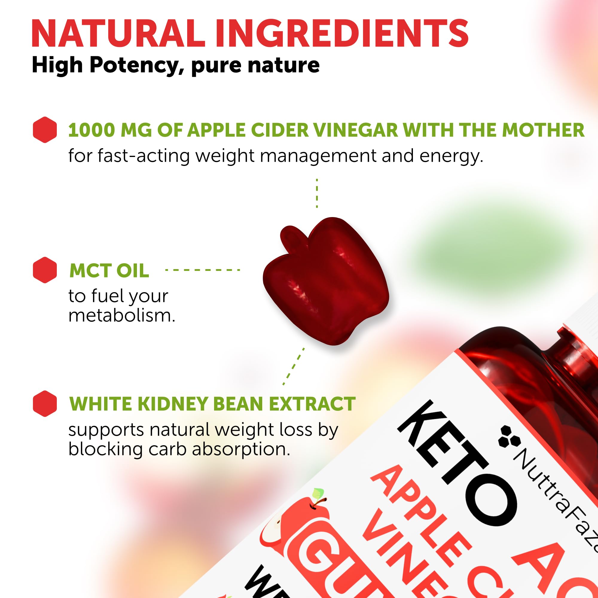 NuttraFaza Keto ACV Gummies close-up reveals chewy texture and apple flavor.