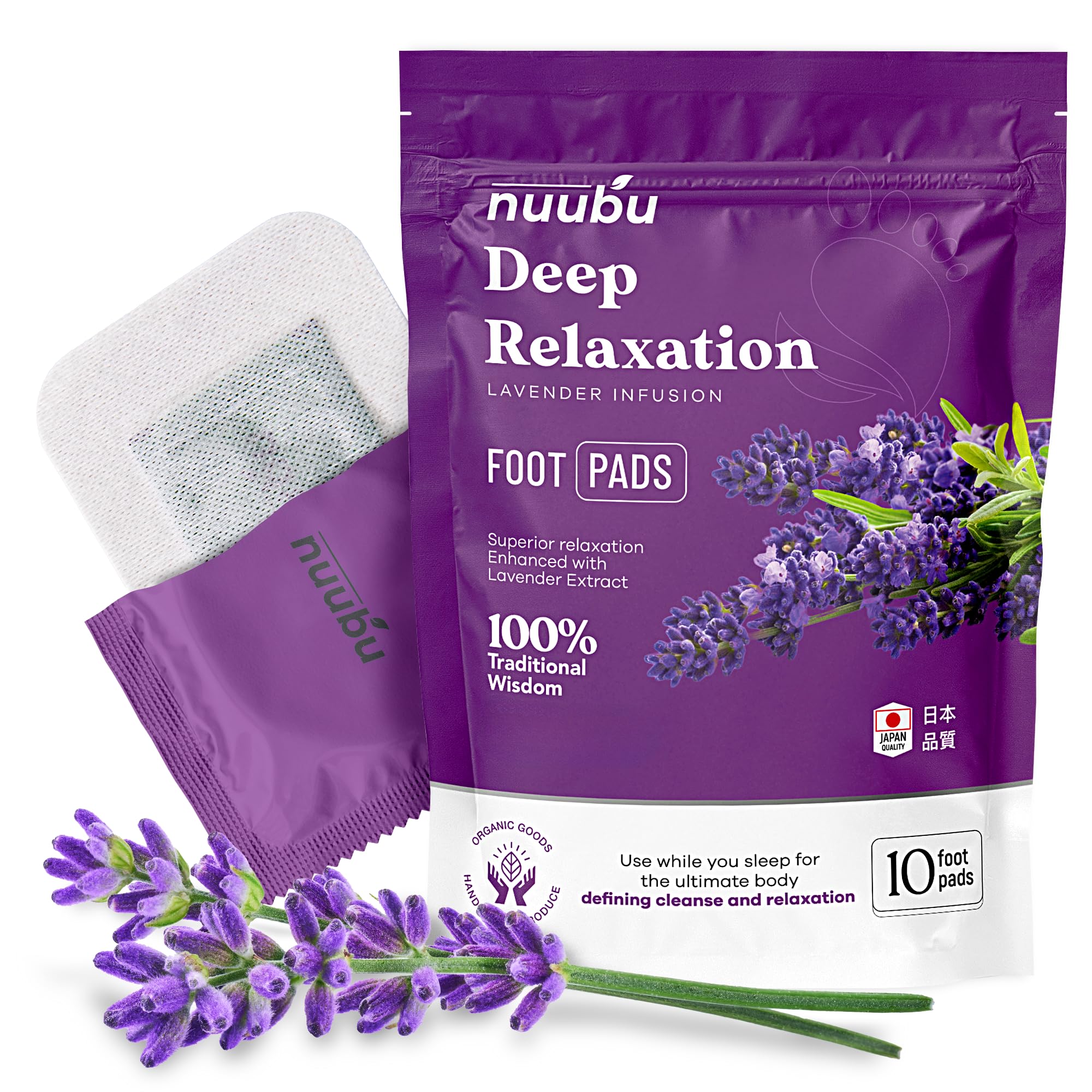 Nuubu Lavender Foot Pads box shows the ten-pack for daily cleansing routines.