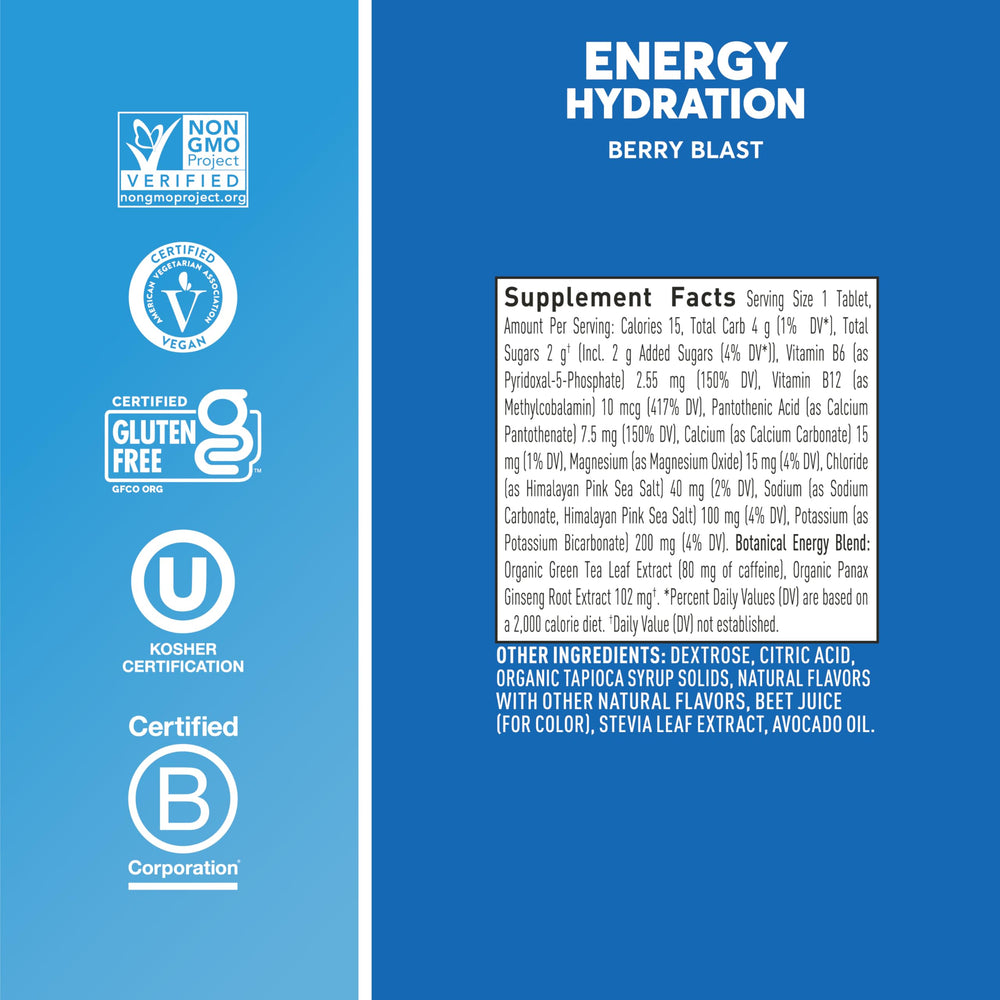Nuun Energy Berry Blast ingredients chart highlights five electrolytes and natural caffeine.