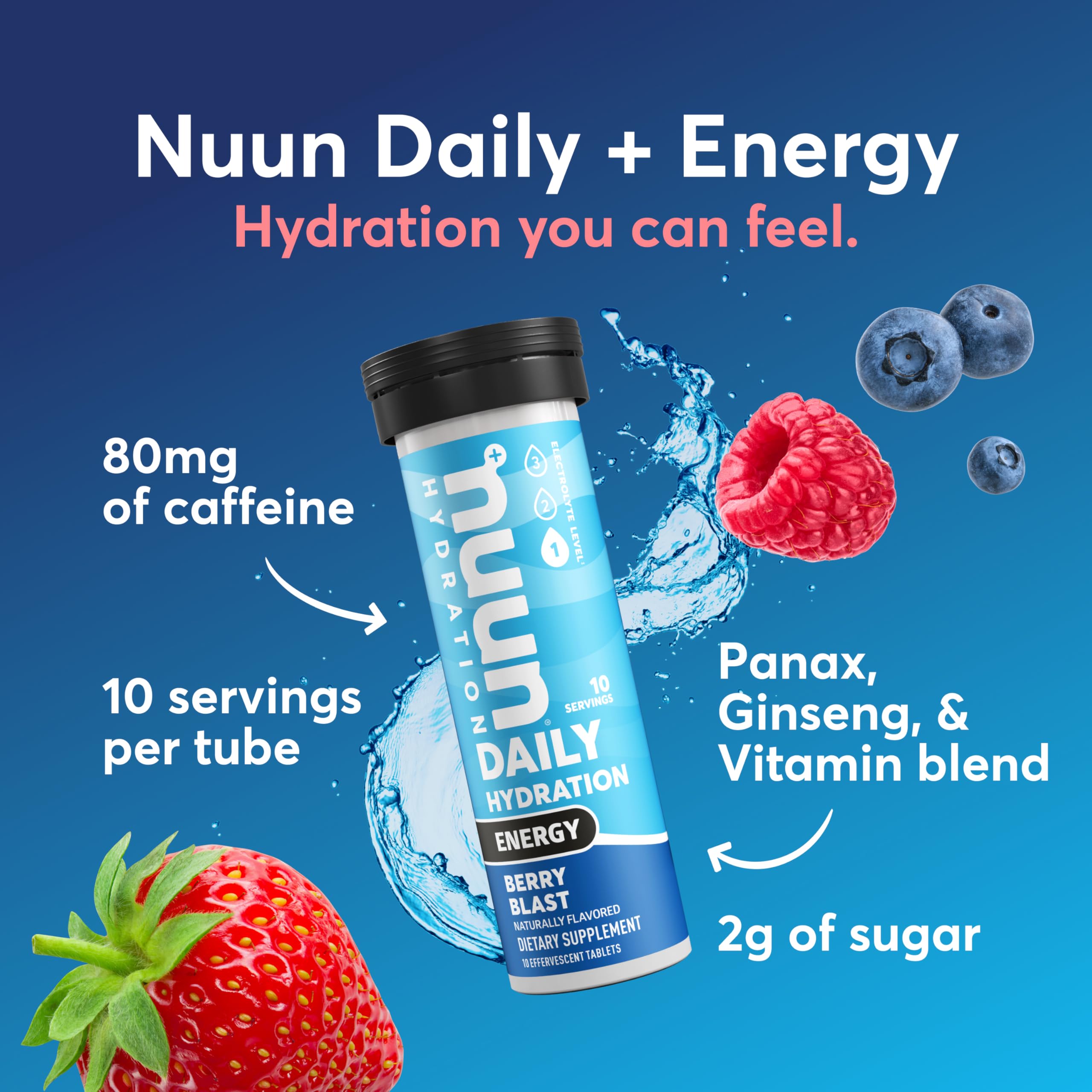 Nuun Energy Berry Blast pour showing refreshing bubbles for workouts.