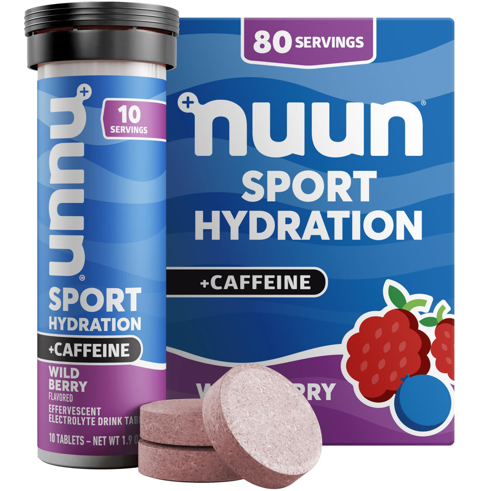 Nuun Sport caffeine tablets Wild Berry dissolve for quick workout hydration.