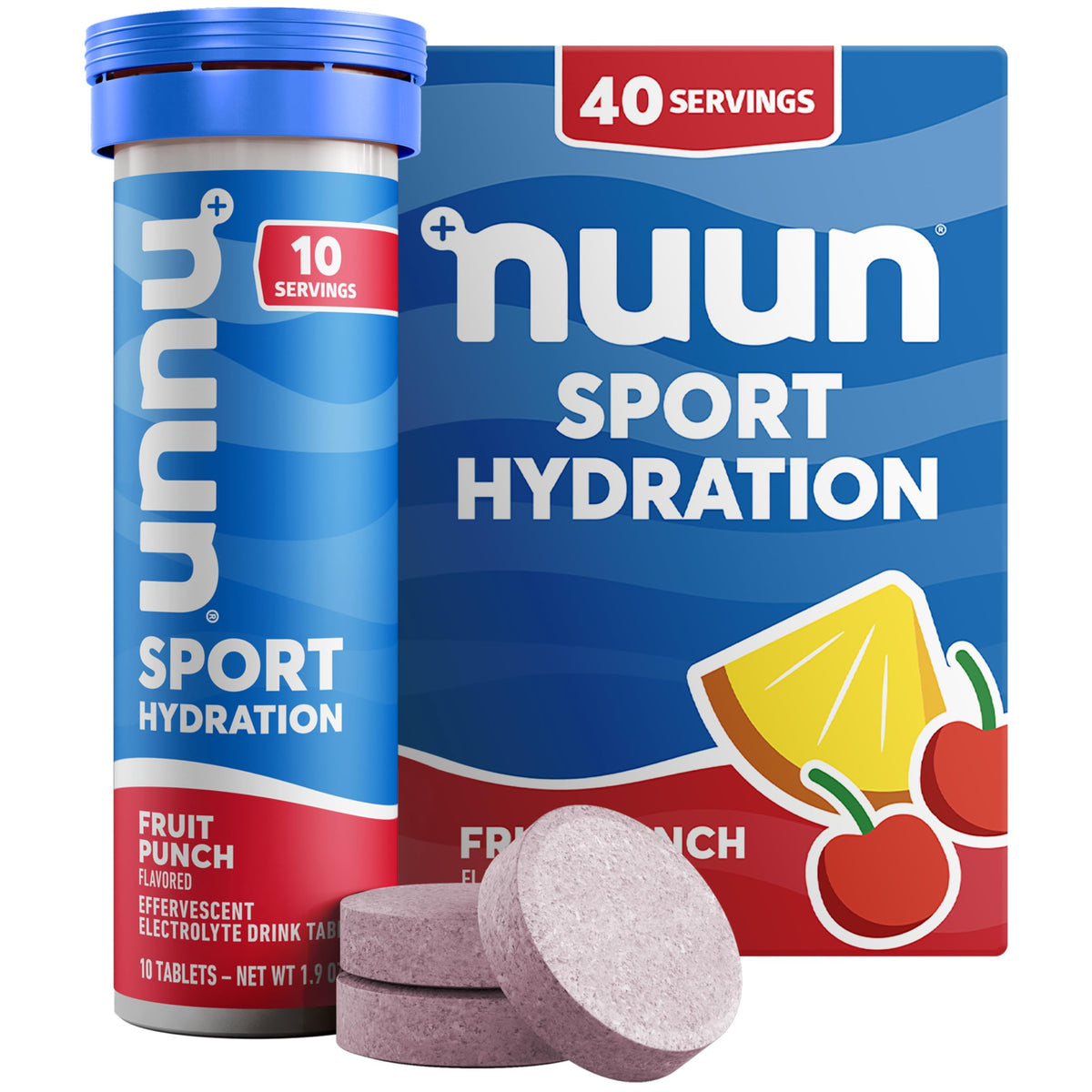 Nuun Sport Fruit Punch tablets in a compact tube for on-the-go hydration.