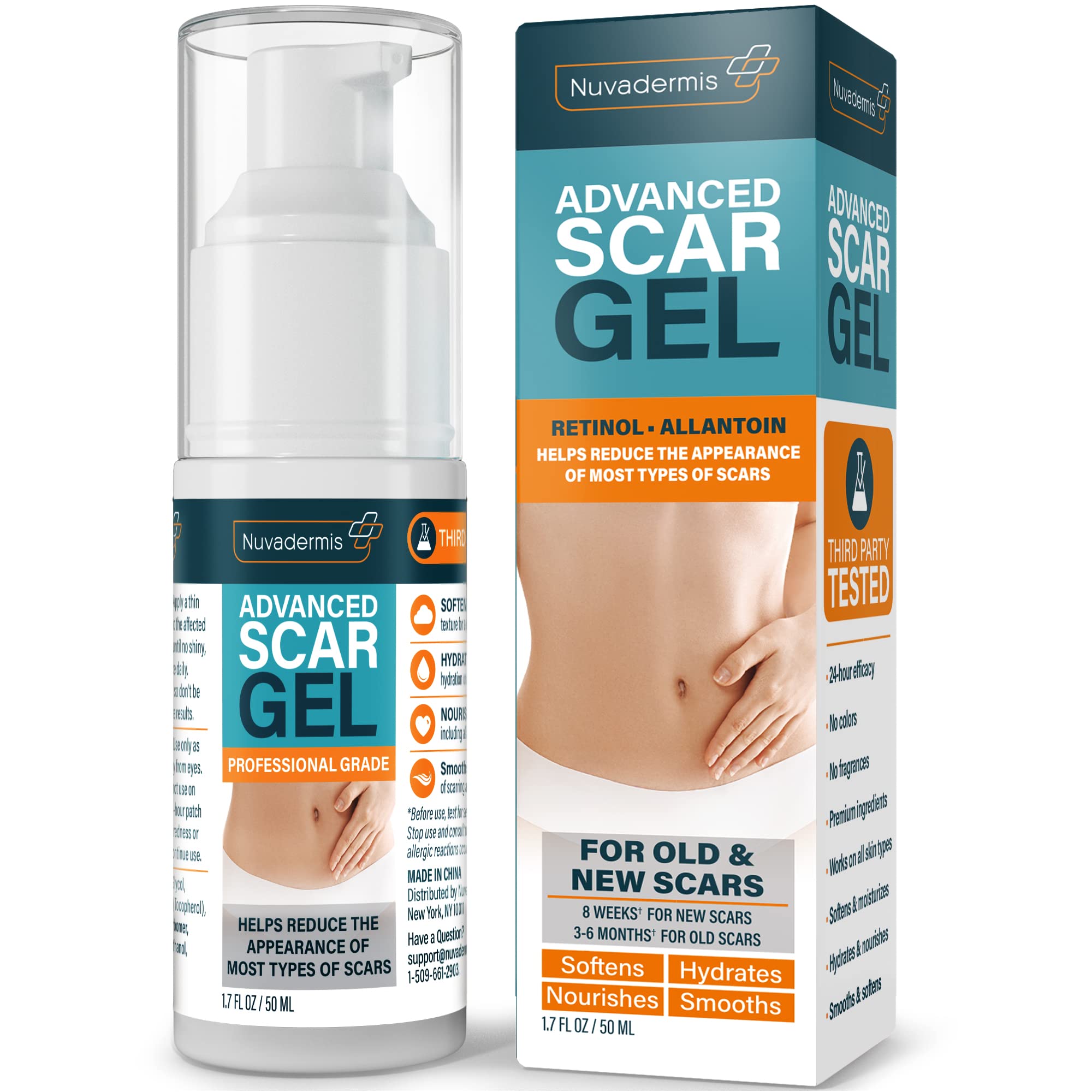 NUVADERMIS Advanced Scar Gel bottle close-up for daily scar care.