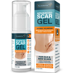 NUVADERMIS Advanced Scar Gel bottle close-up for daily scar care.