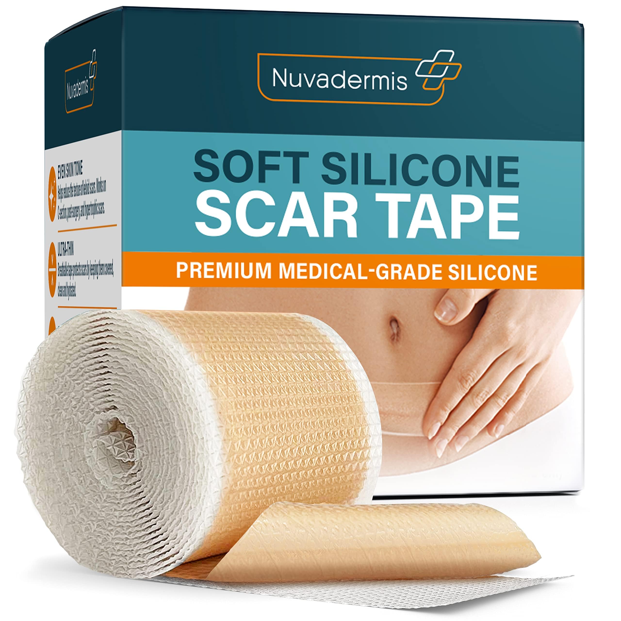 NUVADERMIS silicone scar roll covers surgical scars with flexible, comfortable wear.