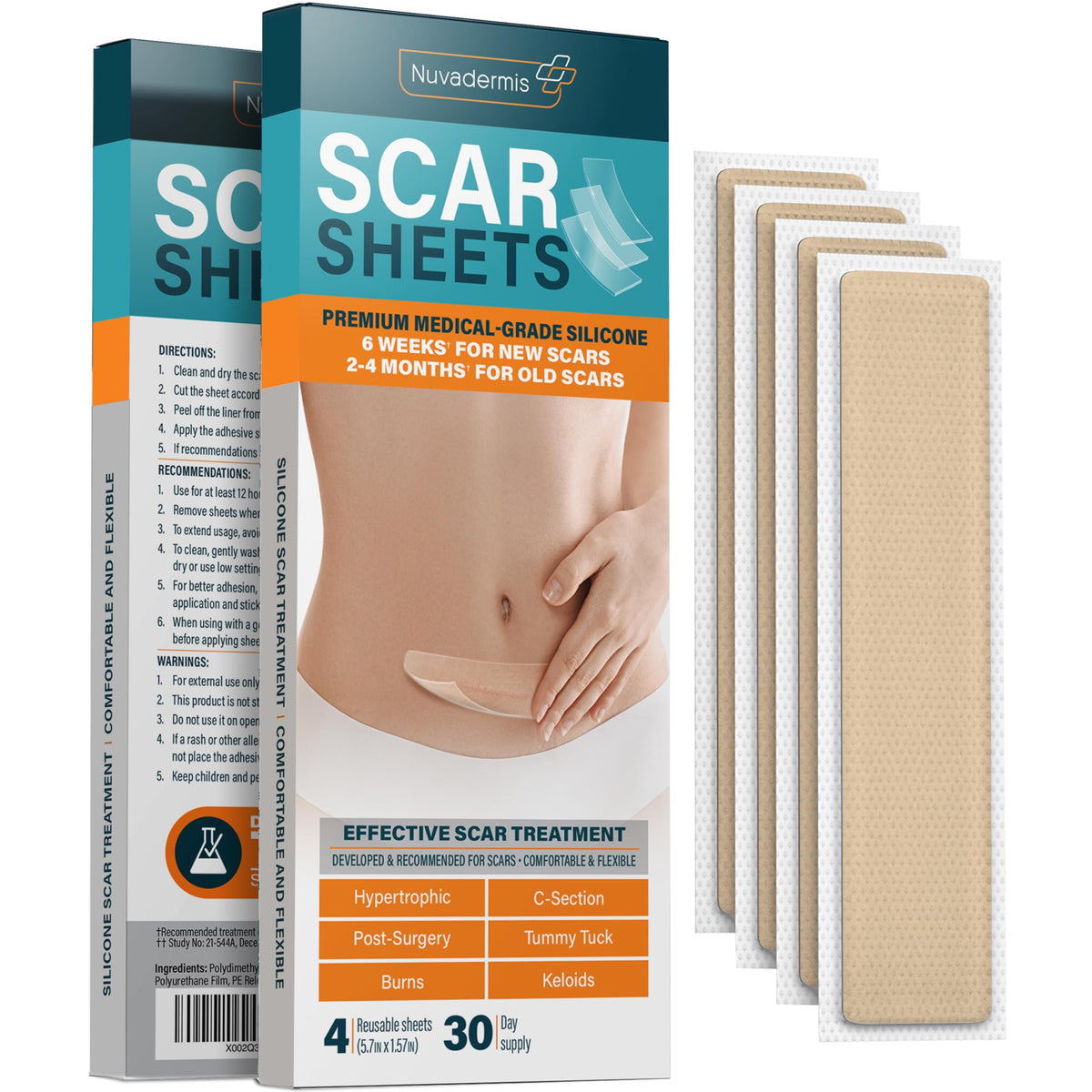 NUVADERMIS silicone scar sheet pack-4-extra-long for larger scar coverage