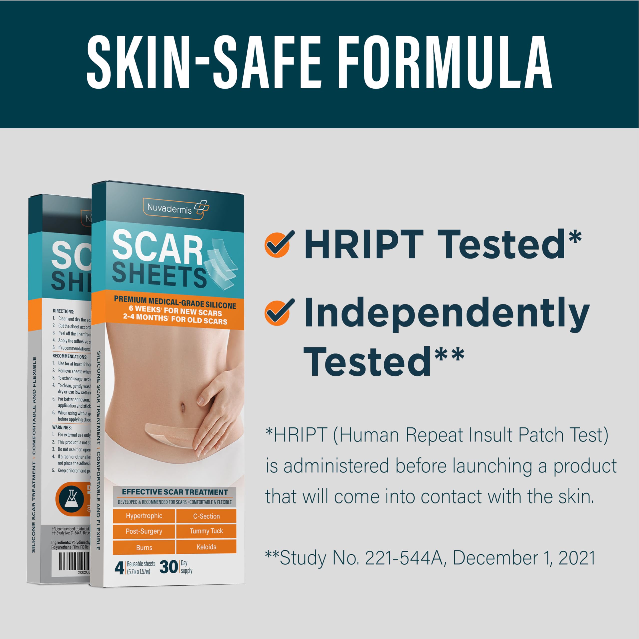 NUVADERMIS silicone scar sheets designed for 24-hour wear and ongoing protection.