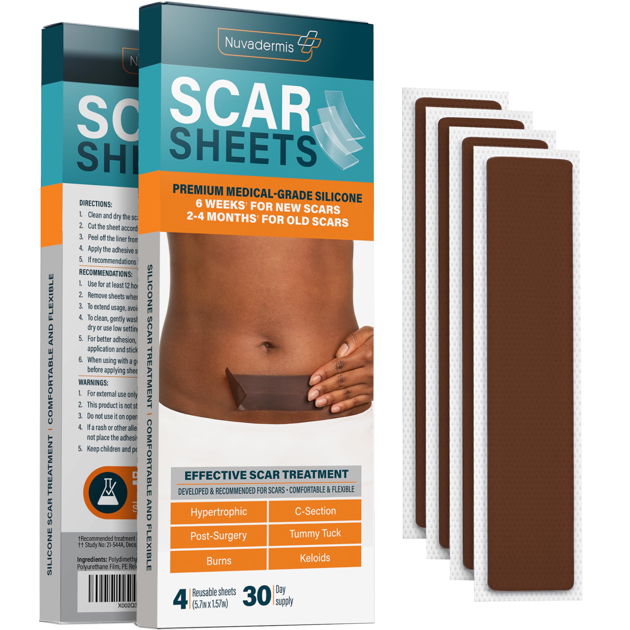 NUVADERMIS silicone scar sheets with extra-long coverage for long scars.