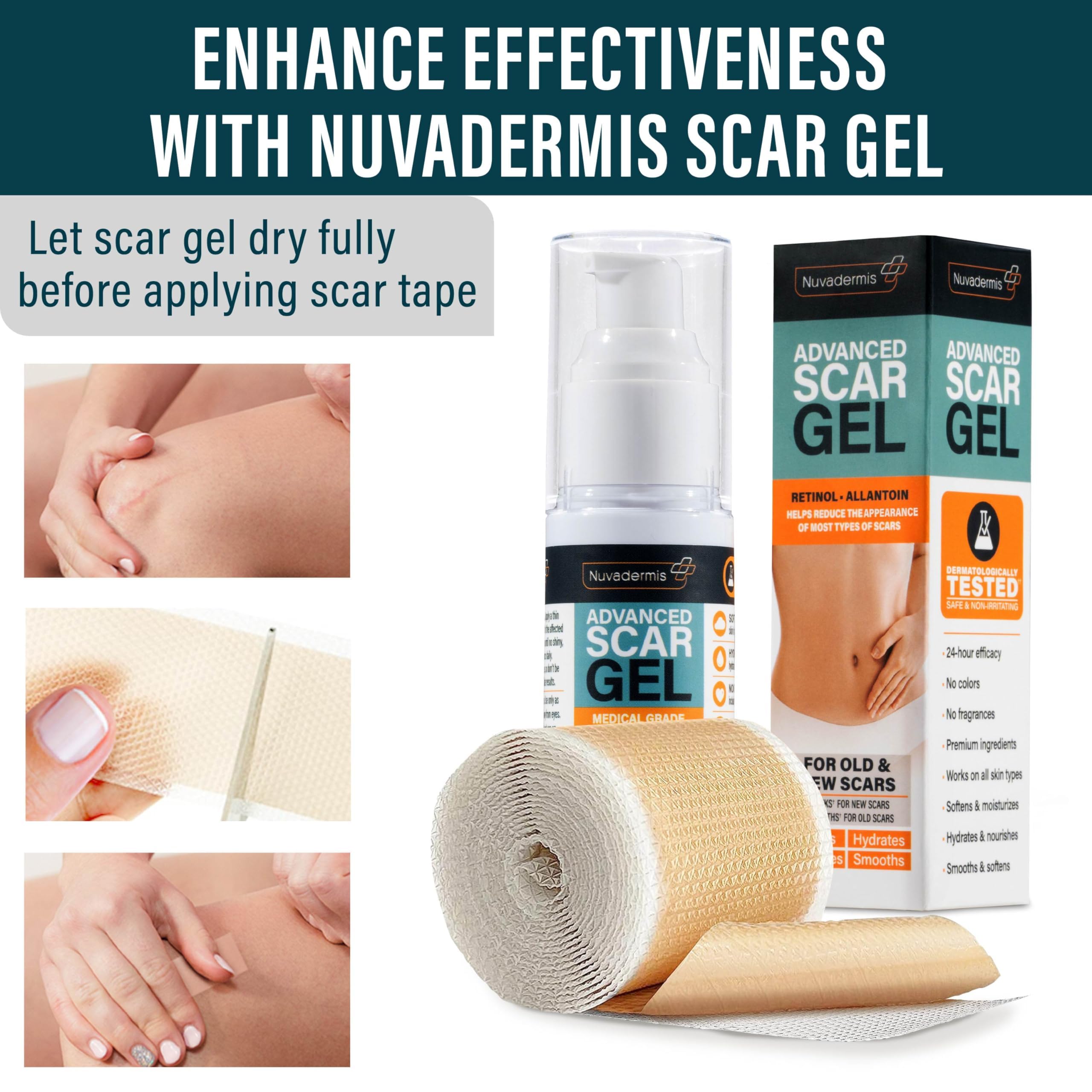 NUVADERMIS scar tape pack includes reusable roll for daily use.